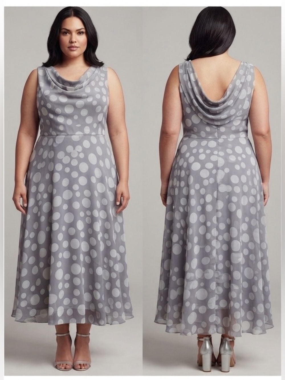 MSK Grey & White Polka Dot Cowl Neck Sleeveless Midi Dress –Size 16